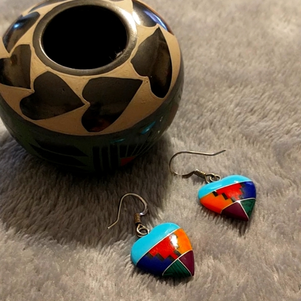 Sterling Silver Handcrafted Multicolor Heart Inlay Earrings - Turquoise Accent